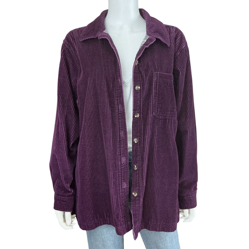 LL Bean Corduroy Shirt Jacket Womens L Purple Chore Barn Plaid Flannel Lined VTG - Picture 8 of 14